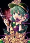  1girl :d black_background black_hat blouse collar commentary_request diamond_(shape) frilled_collar frilled_sleeves frills green_eyes green_hair hat hat_ribbon highres holding holding_phone katayama_kei knife koishi_day komeiji_koishi looking_at_viewer open_mouth phone ribbon short_hair smile solo sparkle third_eye touhou upper_body yellow_blouse yellow_ribbon 