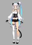  1girl animal_ears asymmetrical_legwear bare_shoulders black_footwear black_gloves black_shorts blue_eyes blue_hair cat_ears cat_girl cat_tail character_request commentary_request dark_skin detached_sleeves full_body gloves grey_background high_ponytail long_sleeves multicolored_hair navel original puffy_long_sleeves puffy_sleeves shirt shoes short_shorts shorts side_ponytail silver_hair simple_background single_sock single_thighhigh socks solo standing tail thick_eyebrows thigh-highs two-tone_hair underbust white_legwear white_shirt yamano_uzura 