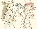  !! &gt;_&lt; +++ 2girls :d ^_^ akane_(pokemon) bangs bare_arms breasts brown_hair carrying cheek_pull clefairy closed_eyes cowboy_shot donnpati dress eyelashes fingernails flying_sweatdrops furrowed_eyebrows gen_1_pokemon grey_eyes gym_leader hair_bobbles hair_ornament hands_up laughing legs_apart long_hair looking_at_another magnemite magnet medium_breasts mikan_(pokemon) multiple_girls open_mouth pink_hair pokemon pokemon_(creature) pokemon_(game) pokemon_gsc screw shirt short_hair short_sleeves shorts simple_background smile standing straight_hair sweat tongue twintails two_side_up white_dress white_shirt white_shorts 