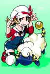  1girl 2015 aqua_background brown_eyes brown_hair cabbie_hat collarbone donnpati fingernails gen_2_pokemon grin hands_up hat highres kneeling kotone_(pokemon) legs_apart overalls pokemon pokemon_(creature) pokemon_(game) pokemon_hgss red_footwear red_shirt shirt shoes short_hair smile teeth thigh-highs twintails white_hat white_legwear zettai_ryouiki 