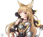  1girl absurdres animal_ears armor bangs black_gloves blonde_hair braid breastplate choker commentary_request erune eyebrows_visible_through_hair glove_in_mouth glove_pull gloves granblue_fantasy highres long_hair looking_at_viewer mouth_hold pink_eyes shitamichi solo very_long_hair yuisis_(granblue_fantasy) 