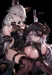  2girls animal_ears backless_outfit bangs bare_shoulders black_background black_dress black_gloves blue_eyes braid breasts butterfly_hair_ornament cat_ears character_name cleavage covered_navel cup draph dress drinking_glass elbow_gloves erune eyebrows_visible_through_hair fingerless_gloves fishnets gloves granblue_fantasy hair_between_eyes hair_ornament hair_over_one_eye hair_tubes halterneck hands_together heles highres hips hood horns jewelry large_breasts lavender_hair long_hair looking_at_viewer multiple_girls narmaya_(granblue_fantasy) oyu_(sijimisizimi) pointy_ears silver_hair simple_background single_braid smile thigh-highs thigh_strap thighs very_long_hair white_gloves yellow_eyes 