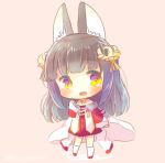  1girl :d animal_ears azur_lane bangs bare_shoulders blush brown_background brown_hair chibi commentary_request dress eyebrows_visible_through_hair fox_ears full_body hair_ornament hand_up head_tilt japanese_clothes kneehighs kouu_hiyoyo long_hair long_sleeves looking_at_viewer lowres nagato_(azur_lane) open_mouth red_dress sleeves_past_wrists smile solo standing strapless strapless_dress twitter_username very_long_hair white_legwear wide_sleeves yellow_eyes 