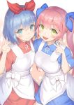  2girls :d apron bangs blue_bow blue_dress blue_eyes blue_hair blush bow breasts closed_mouth collared_dress commentary_request copyright_request dress eyebrows_visible_through_hair fang fingernails green_eyes hair_between_eyes hair_bow hair_ribbon hand_on_another&#039;s_shoulder highres jonsun long_hair maid_apron medium_breasts multiple_girls open_mouth pink_hair puffy_short_sleeves puffy_sleeves red_dress red_ribbon ribbon short_hair short_sleeves smile twintails v very_long_hair virtual_youtuber white_apron 