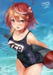  1girl 2018 :d ahoge bare_shoulders breasts cleavage collarbone dated hair_ornament holding holding_torpedo i-58_(kantai_collection) kantai_collection looking_at_viewer medium_breasts open_mouth pink_hair red_eyes school_swimsuit short_hair signature smile solo swimsuit toka_(marchlizard) torpedo 