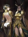  2girls armlet ass back backless_outfit blonde_hair breastplate circlet elbow_pads gloves green_eyes horned_headwear horns jewelry kulve_taroth_(armor) leotard_under_clothes looking_at_viewer looking_back medium_hair monster_hunter monster_hunter:_world multiple_girls parted_lips phamoz ponytail smile yellow_eyes 