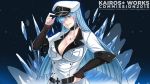  1girl adjusting_headwear akame_ga_kill! belt black_sleeves blue_eyes blue_hair breasts choker cleavage collarbone double-breasted esdeath glowing glowing_eye hand_on_belt hat highres holding holding_hat ice kairos+ large_breasts long_hair long_sleeves looking_at_viewer military military_uniform peaked_cap sadism smile solo tattoo uniform 