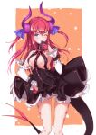  1girl alternate_breast_size asymmetrical_horns blue_eyes blush breasts curled_horns detached_sleeves dragon_girl dragon_horns dragon_tail dress elizabeth_bathory_(fate) elizabeth_bathory_(fate)_(all) eyebrows_visible_through_hair fate/grand_order fate_(series) hair_between_eyes hair_ribbon hand_on_hip highres horizontal-striped_panties horns licking long_hair long_sleeves medium_breasts one_eye_closed open_mouth panties pantyshot purple_ribbon redhead ribbon sleeveless sleeveless_dress solo tail tenmoon two_side_up underwear 
