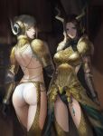  2girls armlet ass back backless_outfit blonde_hair breastplate circlet elbow_pads gloves green_eyes horned_headwear horns jewelry kulve_taroth_(armor) leotard_under_clothes looking_at_viewer looking_back medium_hair monster_hunter monster_hunter:_world multiple_girls parted_lips phamoz ponytail smile yellow_eyes 