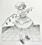  1girl absurdres bangs blush bow bowtie closed_mouth flandre_scarlet full_body hat highres loafers looking_at_viewer mashimashi mob_cap monochrome shoes short_sleeves side_ponytail smile socks solo standing touhou traditional_media wristband 
