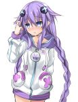  1girl blue_eyes blush braid choker cosplay embarrassed hair_ornament himajin_(starmine) hood hood_down hooded_jacket jacket long_hair looking_to_the_side neptune_(choujigen_game_neptune) neptune_(choujigen_game_neptune)_(cosplay) neptune_(series) purple_hair purple_heart simple_background symbol-shaped_pupils twin_braids very_long_hair white_background 