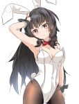  1girl absurdres alternate_costume animal_ears armpits ass_visible_through_thighs black_hair blush bow bowtie breasts bunny_tail bunnysuit commentary_request covered_navel detached_collar fake_animal_ears hair_ribbon hand_on_own_head harukawa_(hal501) highres isokaze_(kantai_collection) kantai_collection long_hair looking_at_viewer medium_breasts pantyhose rabbit_ears red_eyes ribbon simple_background smile solo tail tress_ribbon white_background wrist_cuffs 