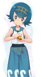  1girl bangs bare_arms bare_shoulders black_swimsuit blue_eyes blue_hair blue_pants blue_sailor_collar blush bright_pupils brown_hairband closed_mouth collarbone crop_top eyebrows eyebrows_visible_through_hair facing_viewer hair_between_eyes hairband head_tilt highres holding looking_at_viewer nugget_(pokemon) nyonn24 one-piece_swimsuit pants pokemon pokemon_(game) pokemon_sm sailor_collar shirt short_hair sleeveless sleeveless_shirt smile solo star starry_background suiren_(pokemon) swimsuit swimsuit_under_clothes tareme trial_captain white_pupils white_shirt 