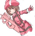  1girl animal_ears animal_hat bangs blush brown_eyes brown_hair bullpup bunny_hat commentary_request dutch_angle eyebrows_visible_through_hair fur-trimmed_gloves fur_trim gloves gun hat holding holding_gun holding_weapon jacket llenn_(sao) long_sleeves looking_at_viewer malice_stella open_mouth outstretched_arm p-chan_(sao) p90 pants pink_gloves pink_hat pink_jacket pink_pants rabbit_ears short_hair simple_background sketch solo submachine_gun sword_art_online sword_art_online_alternative:_gun_gale_online v-shaped_eyebrows weapon white_background 