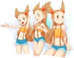  1girl :d ;d arm_behind_head arm_support arm_up armpits bare_shoulders blue_shorts blush breasts brown_eyes brown_hair closed_mouth collarbone cosplay cowboy_shot crop_top eyebrows eyelashes gym_leader highres kasumi_(pokemon) kasumi_(pokemon)_(cosplay) legs_apart legs_together long_hair looking_at_viewer mikan_(pokemon) navel nyonn24 one_eye_closed open_mouth orange_shirt outstretched_arm pokemon pokemon_(anime) pokemon_(game) pokemon_hgss pulled_by_self shirt shorts sitting small_breasts smile solo standing stomach straight_hair suspender_shorts suspenders suspenders_pull tank_top tongue 