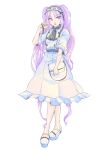  1girl adjusting_hair alternate_costume black_ribbon dress fate/grand_order fate/hollow_ataraxia fate_(series) full_body hairband highres holding_bag lolita_hairband long_hair open_mouth purple_hair ribbon short_sleeves solo stheno very_long_hair violet_eyes white_background white_dress white_footwear zaco 