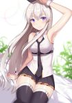  1girl arm_up armpits azur_lane bad_id bad_twitter_id bare_shoulders black_neckwear blurry blurry_background blush breasts buckle buttons collared_shirt enterprise_(azur_lane) eyebrows_visible_through_hair izumo_neru large_breasts long_hair looking_at_viewer miniskirt necktie shirt silver_hair sitting skindentation skirt sleeveless sleeveless_shirt smile solo thigh-highs thigh_strap thighs very_long_hair violet_eyes 