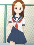  1girl blue_sailor_collar blue_skirt blush brown_hair cowboy_shot forehead grin highres karakai_jouzu_no_takagi-san long_hair looking_at_viewer miniskirt neckerchief oshiza pleated_skirt railing sailor_collar school_uniform serafuku shirt shirt_lift short_sleeves skirt smile solo swimsuit swimsuit_under_clothes takagi-san white_shirt 