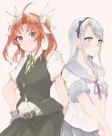  2girls ahoge bangs black_skirt black_vest blue_hairband blush brown_hair green_ribbon grey_skirt hair_ribbon hairband itomugi-kun kagerou_(kantai_collection) kantai_collection long_hair multiple_girls neck_ribbon pleated_skirt ribbon sagiri_(kantai_collection) school_uniform serafuku shirt short_sleeves silver_hair simple_background skirt swept_bangs twintails vest violet_eyes white_background white_ribbon white_shirt 