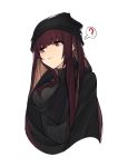  1girl ? absurdres bangs beanie blush breasts closed_mouth cropped_torso eyebrows_visible_through_hair girls_frontline hat highres inxst large_breasts long_hair looking_away purple_hair red_eyes ribbed_sweater scarf sidelocks simple_background solo sweater tsurime very_long_hair wa2000_(girls_frontline) white_background 