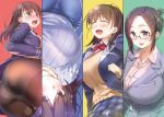  4girls :d ahoge ass back bangs black_jacket blazer blue_pants blush bow bowtie bra breasts brown-framed_eyewear brown_eyes brown_hair choppiri_toshiue_demo_kanojo_ni_shite_kuremasu_ka?_~suki_ni_natta_jk_wa_27_deshita~ clenched_hand closed_eyes closed_mouth collarbone collared_shirt cowboy_shot denim dress_shirt eyebrows_visible_through_hair eyelashes folded_ponytail from_behind glasses glint hair_between_eyes hair_ornament hairclip hand_up highres huge_breasts jacket jeans jewelry lace lace_bra large_breasts long_hair long_sleeves looking_at_viewer looking_back miniskirt multiple_girls nanase_meruchi necklace open_clothes open_jacket open_mouth panties panties_under_pantyhose pants pantyhose parted_bangs plaid plaid_skirt red_neckwear ribbed_sweater school_uniform see-through semi-rimless_eyewear shirt skirt skirt_lift smile standing sweater tearing_up tears teeth thigh_gap thighband_pantyhose tongue under-rim_eyewear underwear upper_teeth upside-down white_bra white_panties white_shirt 