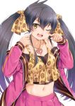  1girl ;d animal_print bare_shoulders black_hair bow cheek_poking collarbone commentary_request crop_top fingernails hair_bow head_tilt heart heart_necklace idolmaster idolmaster_cinderella_girls jacket leopard_print long_hair long_sleeves matoba_risa miri_(ago550421) nail_polish navel off_shoulder one_eye_closed open_clothes open_jacket open_mouth pink_jacket pink_nails pink_skirt pleated_skirt poking print_bow sidelocks signature simple_background skirt smile solo swimsuit twintails very_long_hair white_background yellow_eyes 