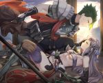  1boy 1girl achilles_(fate) after_battle armor blood boots braid breasts claws elbow_gloves fate/grand_order fate_(series) fingerless_gloves gloves green_hair grey_hair hand_on_another&#039;s_face highres injury kneeling long_hair lying mosta_(lo1777789) on_back pauldrons penthesilea_(fate/grand_order) red_scarf scarf short_hair sidelocks small_breasts thigh-highs weapon yellow_eyes 