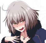  1girl ahoge blush commentary_request eyebrows_visible_through_hair fate/grand_order fate_(series) feather_trim grey_hair ikeshita_moyuko jacket jeanne_d&#039;arc_(alter)_(fate) jeanne_d&#039;arc_(fate)_(all) jewelry long_sleeves necklace nose_blush open_mouth smirk solo upper_body white_background yellow_eyes 