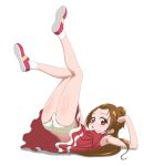  1girl arm_up ass blush brown_hair commentary_request dokidoki!_precure dress full_body legs_up long_hair looking_at_viewer lying madoka_aguri on_back one_side_up panties parted_lips pleated_dress precure red_dress red_eyes red_footwear shadow shiny shiny_skin shoes socks solo thighs trg-_(sain) underwear very_long_hair white_background white_legwear white_panties 