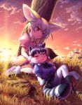  2girls :3 animal_ears backlighting bangs black_hair black_neckwear black_skirt blonde_hair blouse blush bodystocking bow bowtie breast_pocket closed_eyes closed_mouth common_raccoon_(kemono_friends) drooling extra_ears eyebrows_visible_through_hair fang feathers fennec_(kemono_friends) fox_ears fox_tail full_body fur_collar gloves grass grey_hair hair_between_eyes hand_on_another&#039;s_head hand_on_own_cheek highres kemono_friends knees_up lap_pillow lens_flare looking_at_another lying medium_hair muchousha multicolored_hair multiple_girls on_back open_mouth outdoors pink_sweater pocket puffy_short_sleeves puffy_sleeves raccoon_ears raccoon_tail short_hair short_sleeves sitting skirt sky sleeping smile striped_tail sunset sweater tail thigh-highs tree tsurime two-tone_hair white_hair white_skirt yellow_neckwear 