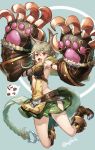  1girl animal_ears artist_request backless_outfit blush breasts cat_ears claw_(weapon) claws commentary_request erune fangs full_body granblue_fantasy grey_hair hair_between_eyes jumping long_hair looking_at_viewer medium_breasts open_mouth orange_eyes sen_(granblue_fantasy) skirt solo weapon 