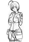  1girl ahoge bodysuit breasts cowboy_shot gentle_sasaki graphite_(medium) greyscale harada_makoto large_breasts monochrome pouch short_hair sketch smile solo traditional_media turtleneck uchuu_senkan_yamato uchuu_senkan_yamato_2199 