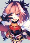  1boy :d androgynous astolfo_(fate) black_bow bow braid dress eyebrows_visible_through_hair fang fate/apocrypha fate_(series) garter_straps grey_background hair_between_eyes hair_bow hand_on_hip highres long_hair open_mouth otogi_kyouka otoko_no_ko pink_hair ponytail short_dress simple_background single_braid smile solo very_long_hair violet_eyes w 