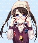  1girl artist_request baseball_cap black_hair blue_eyes commentary_request eyebrows_visible_through_hair glasses hat highres idolmaster idolmaster_shiny_colors jacket long_hair looking_at_viewer mitsumine_yuika red-framed_eyewear shirt sketch solo twintails 