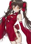  1girl :&gt; absurdres armpits bangs black_panties bow breasts brown_eyes brown_hair closed_mouth commentary covered_navel detached_sleeves dress frilled_sleeves frills girls_frontline hair_bow highres looking_at_viewer medium_breasts minncn panties qbz-97_(girls_frontline) red_bow red_dress red_sleeves side-tie_panties simple_background sleevless_dress solo twintails underwear white_background white_bow wide_sleeves yellow_eyes 