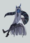  001_(darling_in_the_franxx) 1girl absurdres alternate_costume between_legs black_legwear blue_eyes blue_skin bow cardigan chair collared_shirt contemporary darling_in_the_franxx frown grey_background grey_skirt hand_between_legs highres horns long_hair long_sleeves looking_at_viewer pantyhose plaid plaid_skirt pleated_skirt school_uniform shadow2810 shirt silver_hair simple_background sitting skirt solo tail very_long_hair 