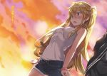  1girl black_pants black_shorts blonde_hair blue_eyes blush clouds cowboy_shot dutch_angle francisca_bauman hair_between_eyes hair_ribbon highres kagura_kenbu_no_aerial long_hair mutsumi_masato novel_illustration official_art open_mouth outdoors pants ribbon scrunchie shirt short_shorts shorts sky sleeveless sleeveless_shirt solo standing thigh-highs twintails white_legwear white_ribbon white_shirt wrist_scrunchie 