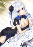  1girl aircraft airplane alternate_costume ass azur_lane bangs black_dress blue_eyes blush breasts china_dress chinese_clothes cleavage dress elbow_rest eyebrows_visible_through_hair gijang gloves hair_ornament hair_ribbon hand_to_own_face illustrious_(azur_lane) large_breasts long_hair looking_at_viewer lying mole mole_under_eye on_stomach pelvic_curtain ribbon side_bun side_slit sidelocks smile solo thigh-highs thighs tress_ribbon twintails white_hair 