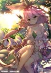  1girl artist_name bangs bare_shoulders blush breasts brown_eyes cleavage closed_mouth collarbone commentary_request day dress eyebrows_visible_through_hair fingers_together granblue_fantasy hair_between_eyes hair_ornament hong_(white_spider) long_hair looking_at_viewer low_twintails medium_breasts outdoors pink_hair plant_girl pointy_ears signature sitting smile solo sunlight tree twintails very_long_hair white_dress yggdrasil_(granblue_fantasy) 