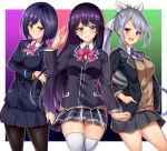  3girls :d arm_up bangs black_blazer black_legwear black_skirt blazer blue_hair blush bow bowtie breasts brown_cardigan brown_eyes cardigan closed_mouth collared_shirt commentary_request eyebrows_visible_through_hair grey_skirt hair_bow hair_ornament hairclip hand_in_pocket head_tilt high_ponytail highres higuchi_kaede jacket kuragari long_hair long_sleeves looking_at_viewer medium_breasts multiple_girls necktie nijisanji open_blazer open_clothes open_jacket open_mouth pantyhose pink_neckwear plaid plaid_skirt pleated_skirt ponytail purple_neckwear shirt shizuka_rin sidelocks silver_hair skirt smile thigh-highs tsukino_mito upper_teeth very_long_hair violet_eyes virtual_youtuber white_bow white_legwear white_shirt 