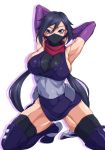  1girl armpits arms_up ayame_(gundam_build_divers) bangs black_hair black_legwear breasts cleavage commentary_request elbow_gloves face_mask gloves gundam gundam_build_divers hair_between_eyes highres japanese_clothes kimono kneeling large_breasts long_hair looking_at_viewer mask ninja ozaneko ponytail purple_gloves scarf shiny shiny_clothes shiny_hair shiny_skin short_kimono simple_background sleeveless sleeveless_kimono solo thigh-highs violet_eyes white_background 