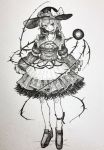  1girl absurdres adapted_costume bangs bow choker closed_mouth commentary_request flower full_body hat hat_bow highres komeiji_koishi looking_at_viewer mashimashi monochrome rose shoes short_hair sleeves_past_fingers smile solo standing third_eye thorns touhou traditional_media 
