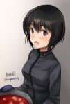  1girl artist_name bangs black_hair black_jacket brave_witches eyebrows_visible_through_hair food gradient gradient_background grey_background haruhata_mutsuki holding jacket looking_at_viewer military military_uniform open_mouth oven_mitts pot shimohara_sadako short_hair signature smile solo standing twitter_username uniform violet_eyes world_witches_series 