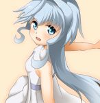  1girl blue_eyes blue_hair dress from_side gundam gundam_build_divers long_hair looking_to_the_side open_mouth outstretched_arms rebirth42000 sara_(gundam_build_divers) sleeveless sleeveless_dress smile solo upper_body white_dress 
