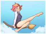  amanda_o&#039;neill blue_skirt blue_sky broom broom_riding closed_eyes clouds highres little_witch_academia outstretched_leg pink_hair pudgeruffian skirt sky thighs toe-point white_border 