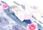  1girl arms_up asai_umi barefoot blue_eyes breasts brown_hair flower flower_request foot_out_of_frame from_side hands_in_hair lake legs_up lily_pad lying medium_breasts on_back original pink_flower shirt short_sleeves shorts solo water white_shirt white_shorts 