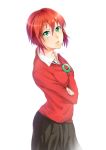  1girl commentary crossed_arms green_hair hatori_chise long_sleeves looking_at_viewer mahou_tsukai_no_yome open_mouth pleated_skirt red_shirt redhead sayuuiede shirt short_hair simple_background skirt solo white_background 