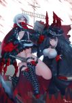  2girls absurdres admiral_graf_spee_(azur_lane) aqua_eyes arm_support armband azur_lane bangs black_dress black_hair blunt_bangs boots breasts chinese_commentary cleavage collar commentary_request dated deutschland_(azur_lane) dress eyeshadow gauntlets highres iron_cross knee_boots long_hair long_sleeves looking_at_viewer machinery makeup medium_breasts multicolored_hair multiple_girls platform_footwear playing_with_own_hair r84265 redhead scarf sharp_teeth short_hair signature sitting standing streaked_hair teeth thigh_strap under_boob underboob_cutout white_hair 