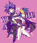  2boys black_hair black_pants blonde_hair blue_eyes blue_hair boots card card_between_fingers english gloves grin holding holding_card jacket jumping looking_at_viewer male_focus multiple_boys outstretched_arm outstretched_hand pants pink_background purple_hair rento_(rukeai) smile spiky_hair star starry_background title torn_jacket violet_eyes white_gloves white_jacket white_pants yu-gi-oh! yuu-gi-ou_arc-v yuugo_(yuu-gi-ou_arc-v) yuuto_(yuu-gi-ou_arc-v) 