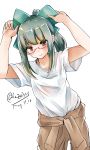 bespectacled blush bow brown_eyes brown_pants dated dutch_angle eyebrows_visible_through_hair glasses green_bow green_hair hair_bow highres kantai_collection kazu_(really_in_hot_water_now) pants ponytail red-framed_eyewear shirt short_hair short_sleeves sidelocks simple_background twitter_username white_background white_shirt yuubari_(kantai_collection) 